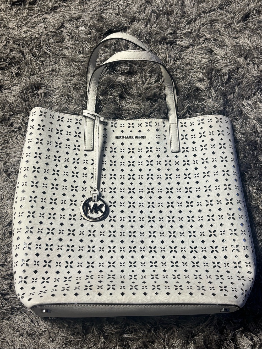 Michael Kors White Perforated Leather Tote with MK Charm